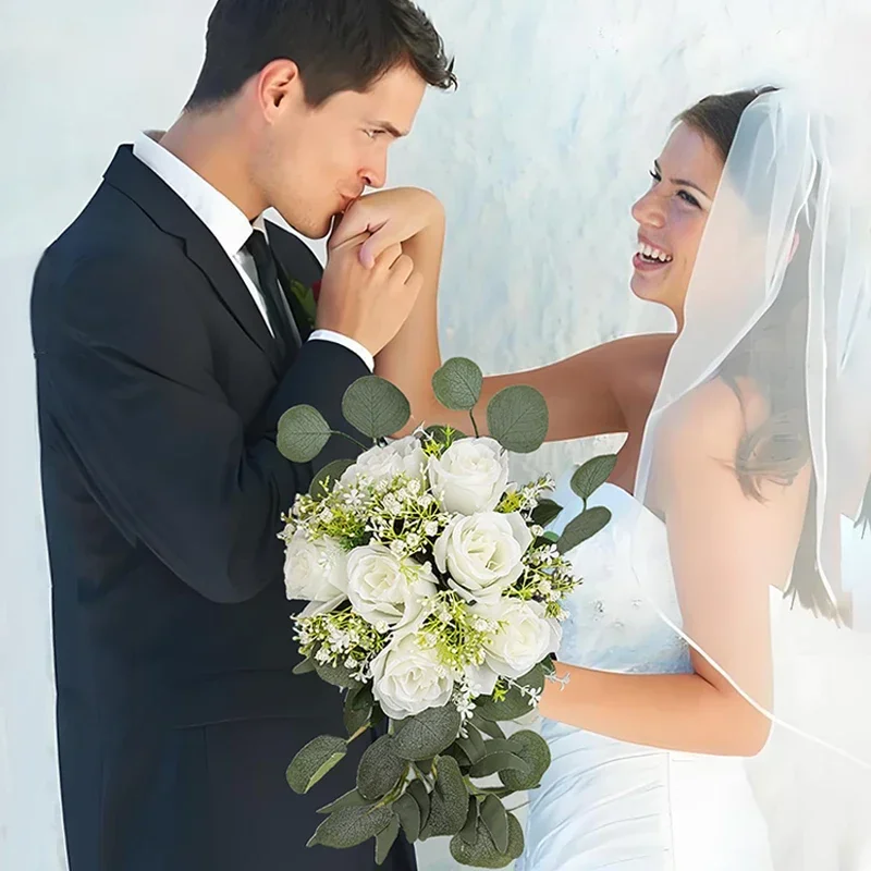 1 ramo de novia Artificial, rosas artificiales, ramos de boda blancos para novia, ceremonia de boda y decoración de aniversario de boda