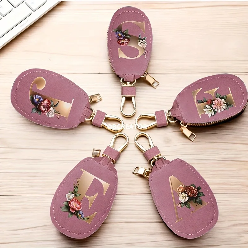 Matte rosafarbene, unisex 26-Buchstaben-Münzbörse, Autoschlüssel-Geschenkset, PU-Leder-Autoschlüsseltasche – Detail 4