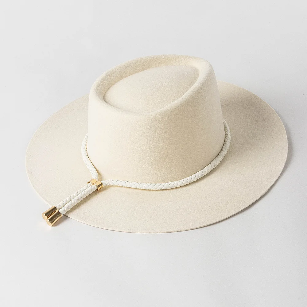 Collection pu Tethered Decorative Wool Wide Brim Jazz Hat Shopping Concave Shape Felt Hat Internet Celebrity Hat