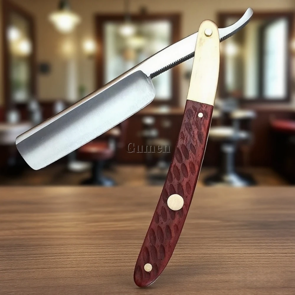 4pcs/set Men's German Carbon Steel/440C Straight Edge Razor Pro Stylist Hair Salon Beard Haircut Shaver Red Sandalwood Handle