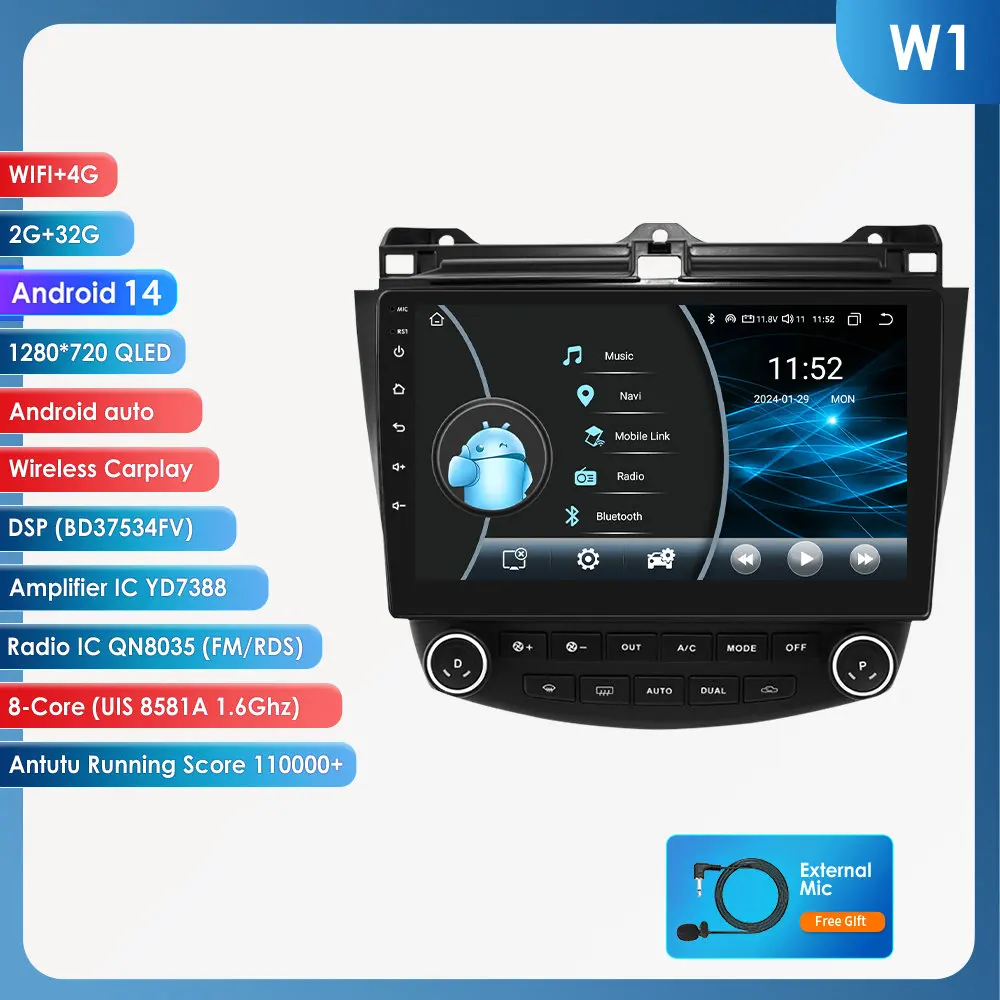 Android 15 autoradio voor Honda ACCORD 7 2003 2004 2005 2006 2007 2008, multimedia-speler, navigatie, GPS, Carplay, autoradio 2din met Apple CarPlay, slimme intelligente systemen, IPS-touchscreen,