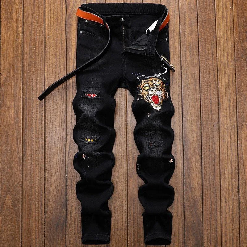 Spring and Autumn New Classic Fashion Embroidered Black Straight-Leg Jeans Men's Casual Loose Sports Stretch Denim Pants