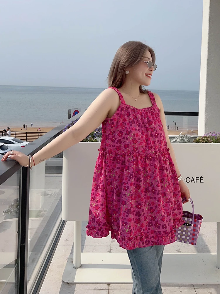 

Vogana Original Large Size Floral Print Elastic Strap Loose Top Age-Defng Belly Covering Summer Aosphere Casual Women's C...