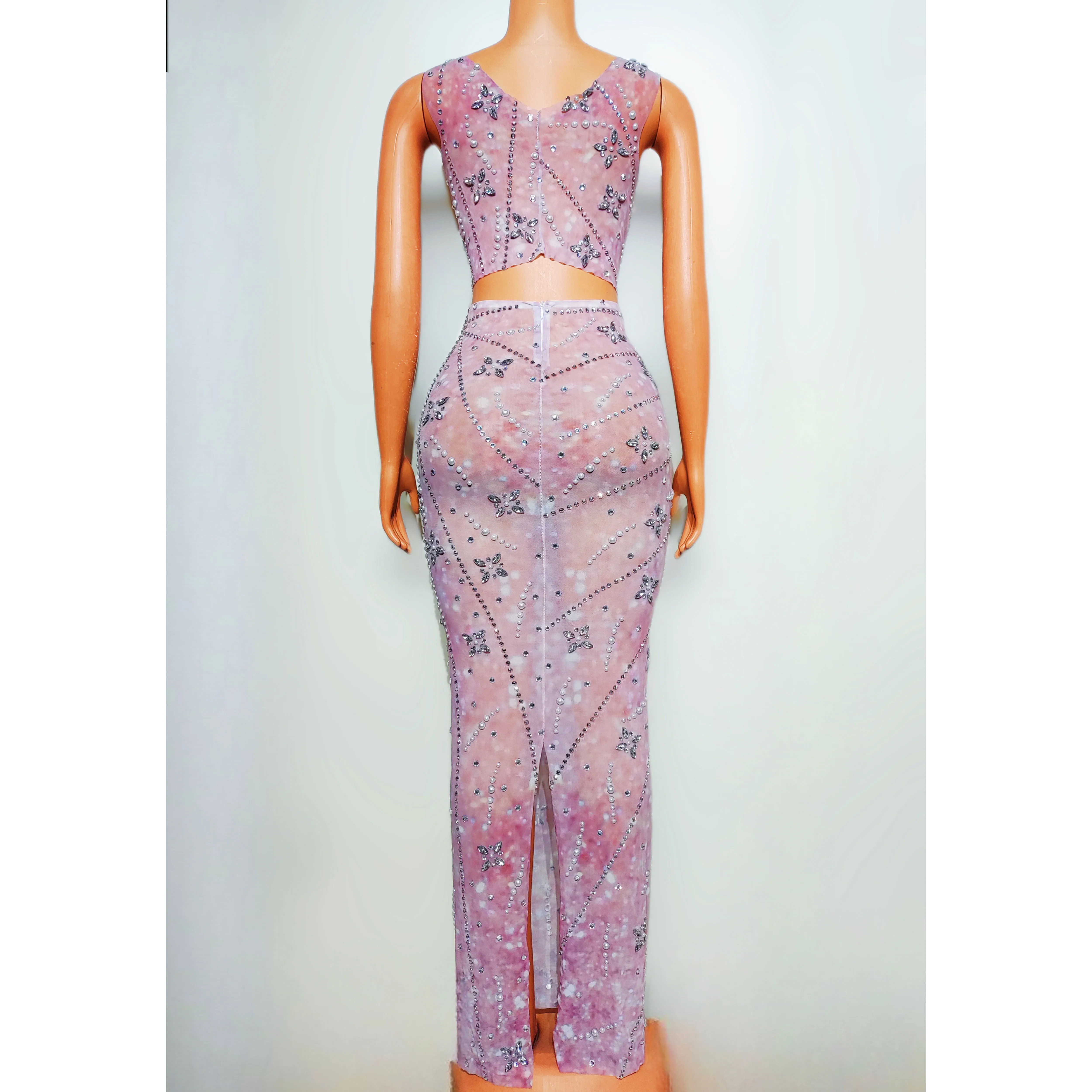 2025 Woman Gogo Dancer Dress Pearl Rhinestone Crop Top Slim Dresses Festival Party Costume Dancehall Queen Outfit Stage Wear yk