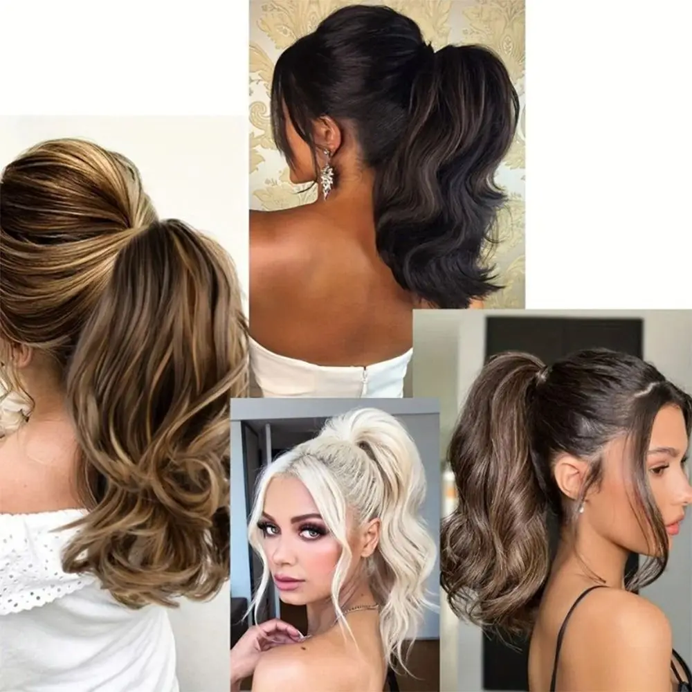 Natural Synthetic Ponytail Claw Clip Fluffy Brown Black Ponytail Extensions Wig 30cm Short Curly Ponytail Hairpiece for Women