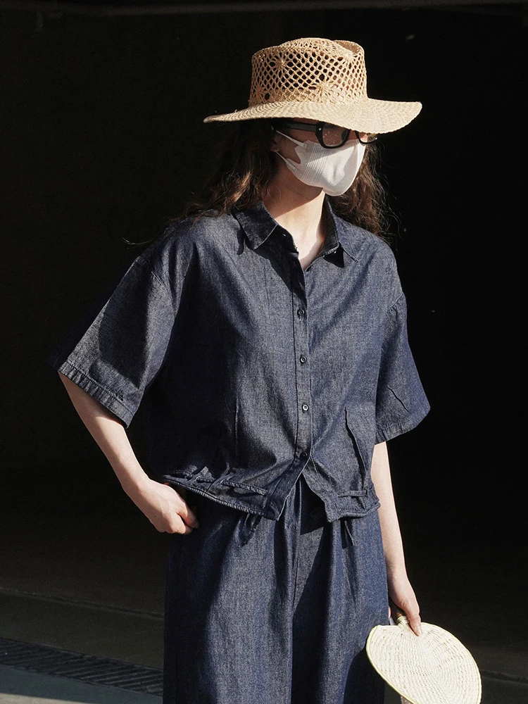LANMREM Drawstring Denim Shirt For Women Loose Casual Lapel Short Sleeves Top Female Streetwear Clothing 2024 Summer 2DA1262