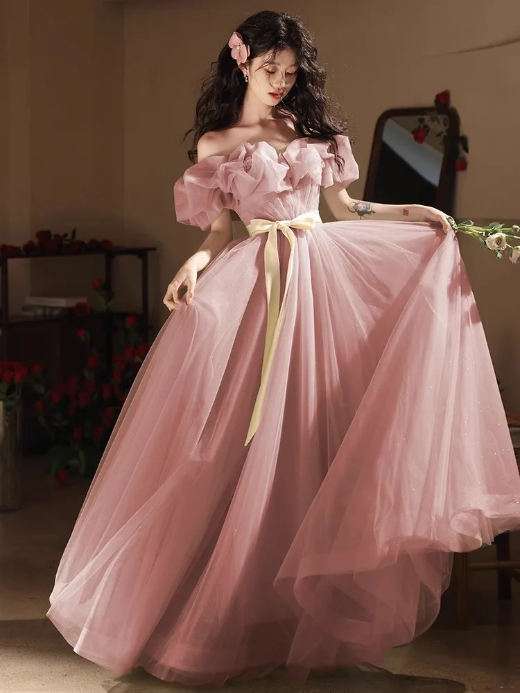 

Pink One-oulder Cus Wedding Dr Skirt Ele Mid-Waist A-Line Long Gown for Student aduation Adult Ceremony Perform...