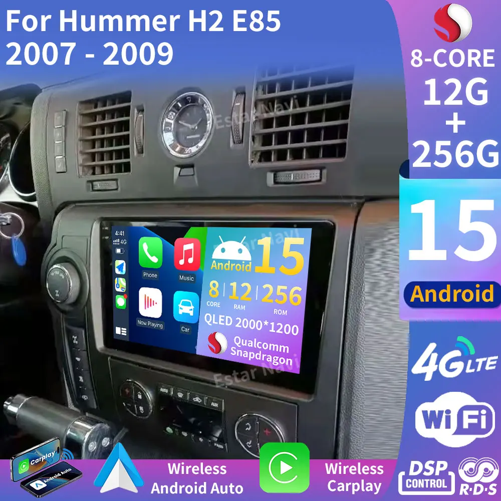 For Hummer H2 E85 2007-2009 Android 15 Car Radio Multimedia 4G GPS Navigation Wireless CarPlay Touch Screen Stereo 360 Camera BT