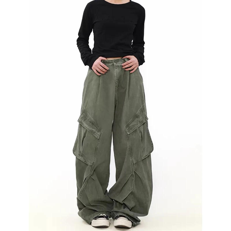 YIBASHU Women's Green Y2k Cargo Jeans Baggy Harajuku Aesthetic Denim Trousers Vintage Jean Pants Japanese 2000s Style Clothes