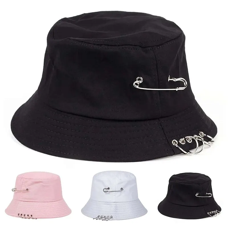 Unisex Solid Color Iron Pin Rings Personality Bucket Hats Fishermen Caps Outdoor Casual Cap Sunscreen Hat