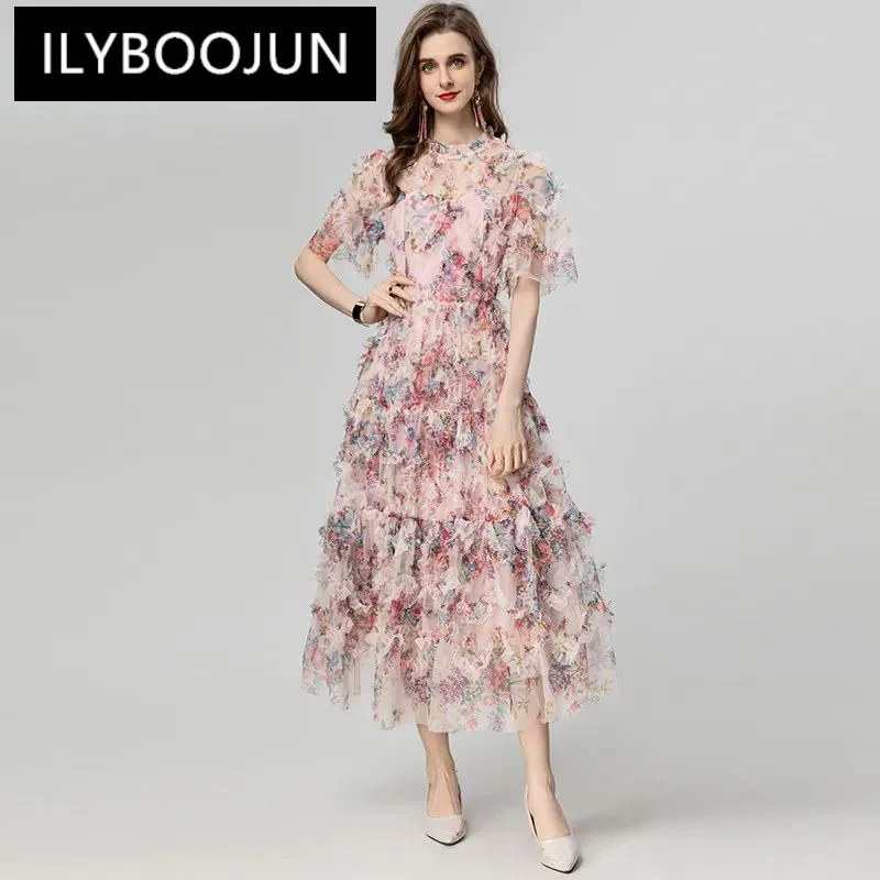 

ILYBOOJUN Fashion Designer Summer Women's Stand Collar Flare Sleeve Print Flounced Edge Mesh Slim Pink Big Swing Dresses