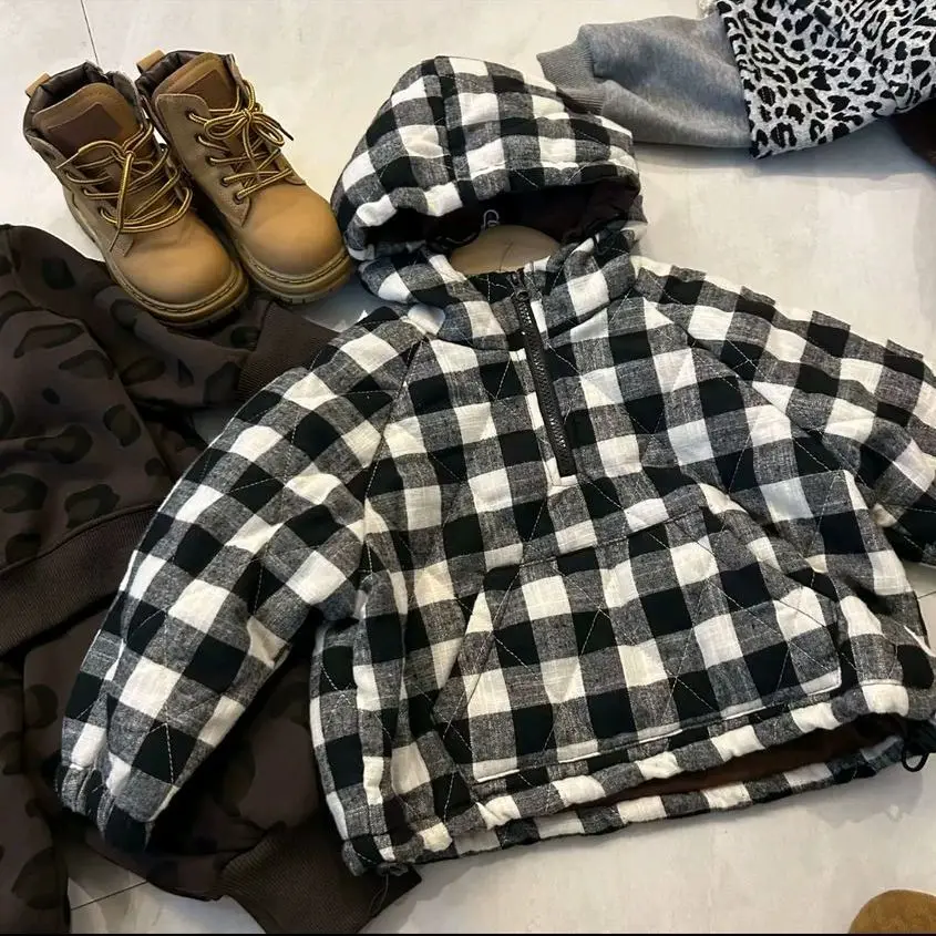 2026 Korean Kids Fall Winter New Children Retro Forest Plaid Warm Hooded Cotton Padded Coat Jacket