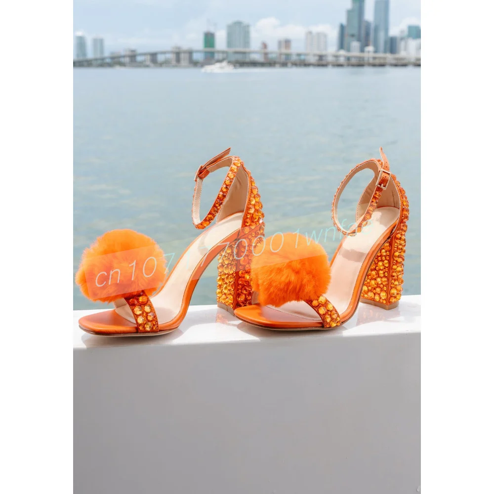 Women Orange Furry Rhinestone Covered Block Heel Sandals Open Toe Ankle Buckle Strap Club Wedding Evening Party Dress Heels 46