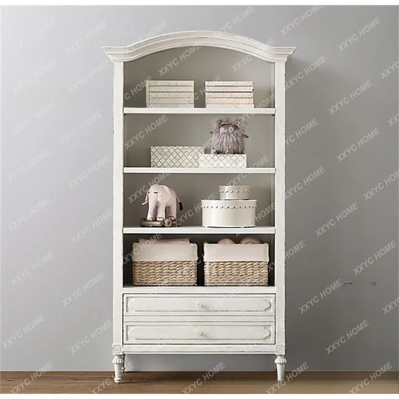 Solid wood bookcase furniture retro old log carved children's two-draw bookcase bookshelf display cabinet