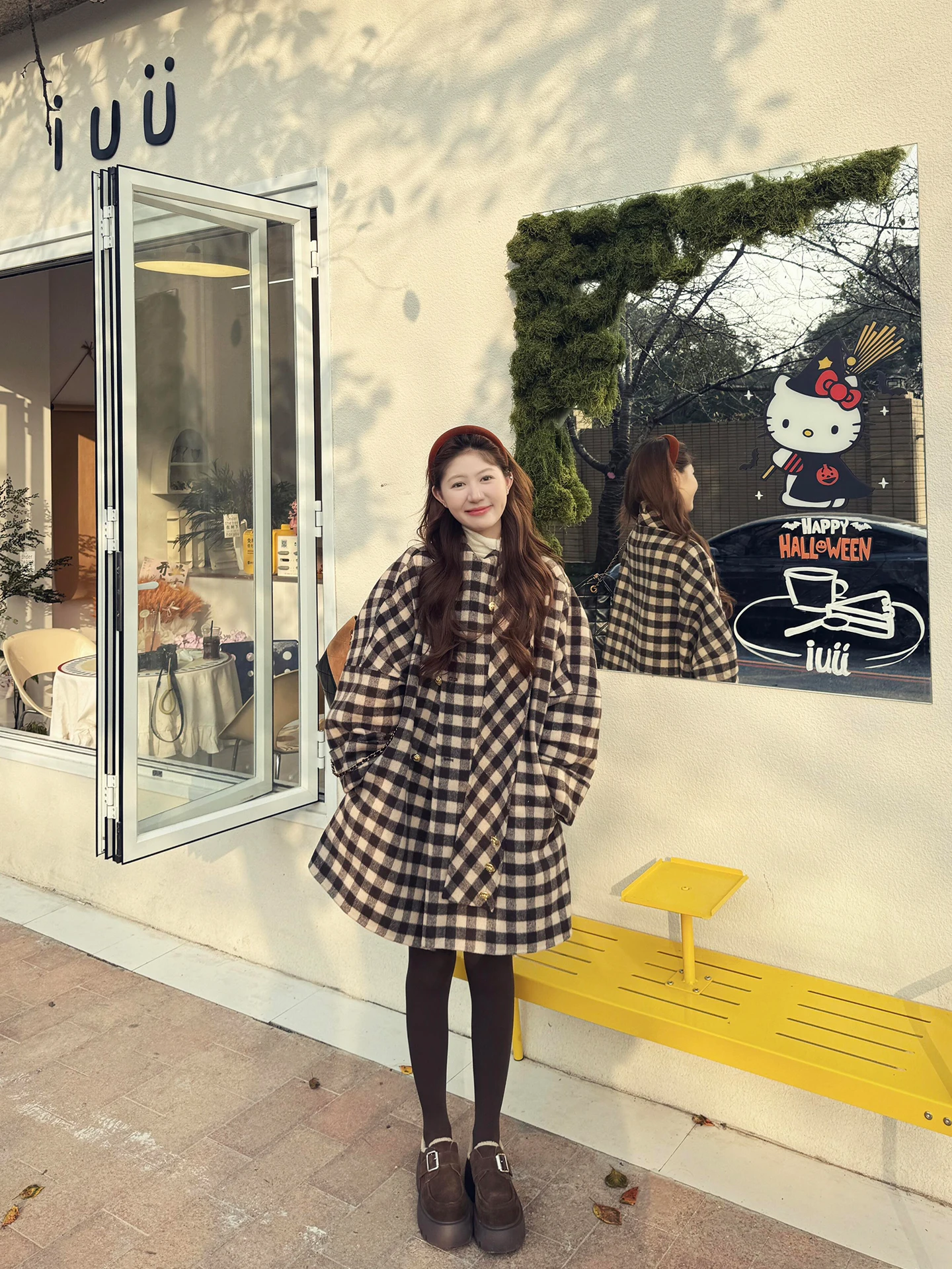 

Retro Briti Sle Women's Plaid Woolen Coat Winter New Design Loose Medium Length Tweed Coat Long Sve Stand Collar Coat
