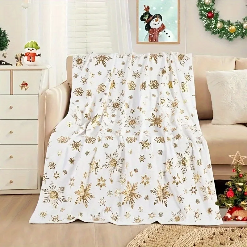 Oversized Gold Snowflake Throw Blanket for Winter Holiday Home Decor Polyester Plush Cozy Couch Accent Xmas Gift