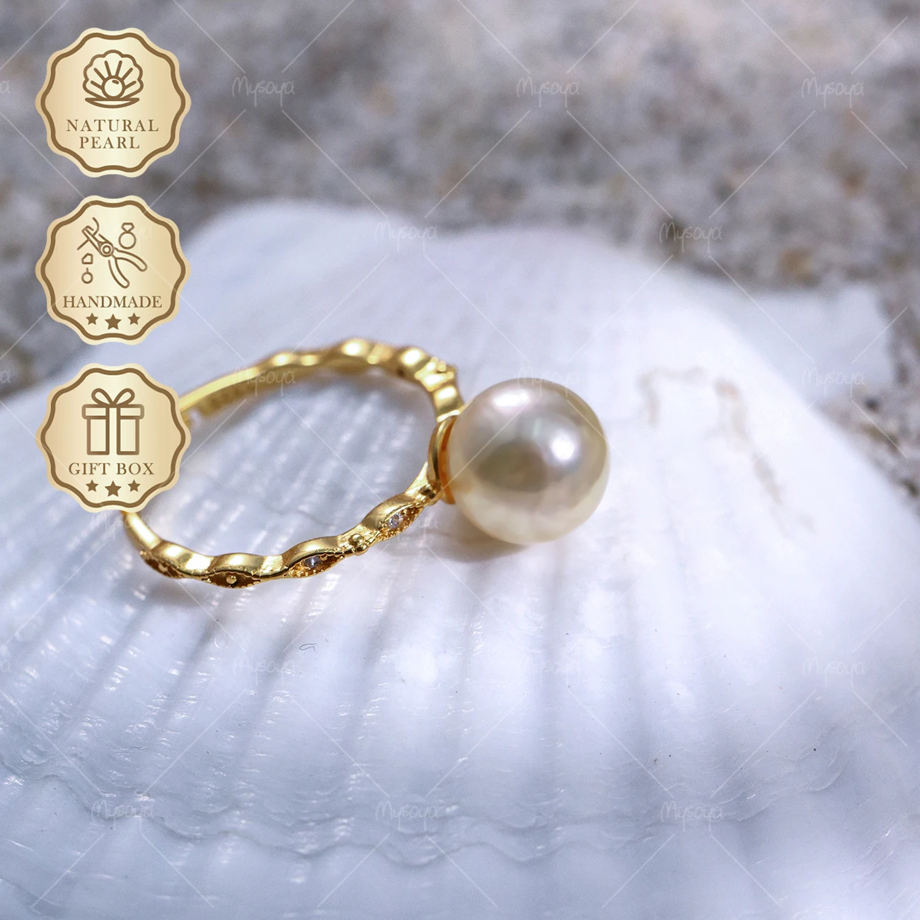 

MYSOYA 8-8.5mm White Akoya Pearl Lace Pattern Ring, Gift Box, Birthday Jewelry for Women S306