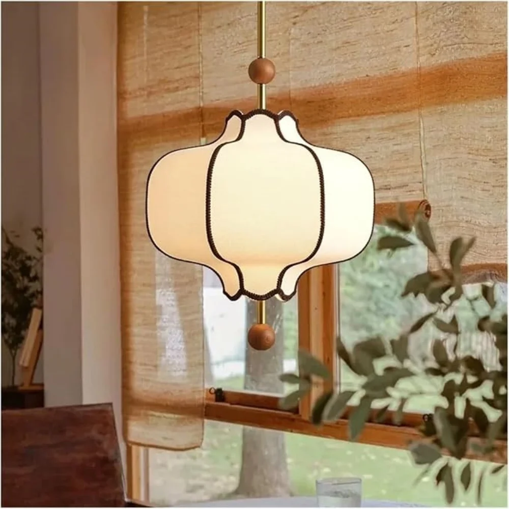 Retro Fabric Pendant Lights with Wooden Grain Finish Adjustable Length Hanging Lamp Chandelier Dining Room Kitchen Island Light