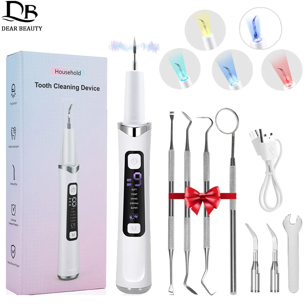 5 LED Light Ultrasonic Tooth Cleaner 9 Levels Dental Scaler Calculus Remover Plaque Stain Tartar Removal Teeth Cleaning Tools