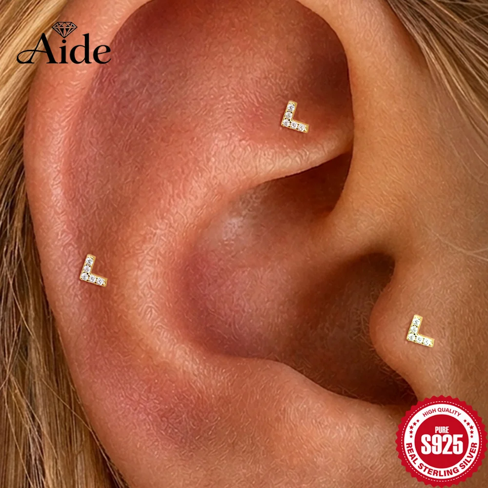 AIDE 925 Sterling Silver V-shape Zirconia for Women Flat Back Internal Thread Piercing 16G Post  Mini Classic Earrings