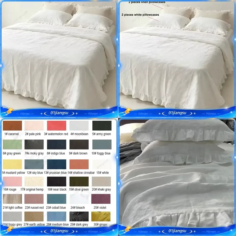 100% Linen Ruffled Edge Quilt Cover Set with 4 Pillowcases Boho Romantic Bedding Natural Washed Linen Duvet Cover Home Decor
