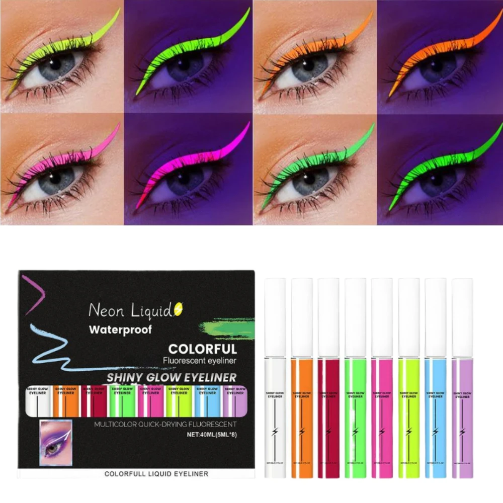 8 ألوان النيون كحل مجموعة أقلام الأشعة فوق البنفسجية ضوء الباستيل الباستيل-أسود ضوء ماكياج العين مقاوم للماء السائل كحل مجموعة أقلام رصاص مستحضرات التجميل