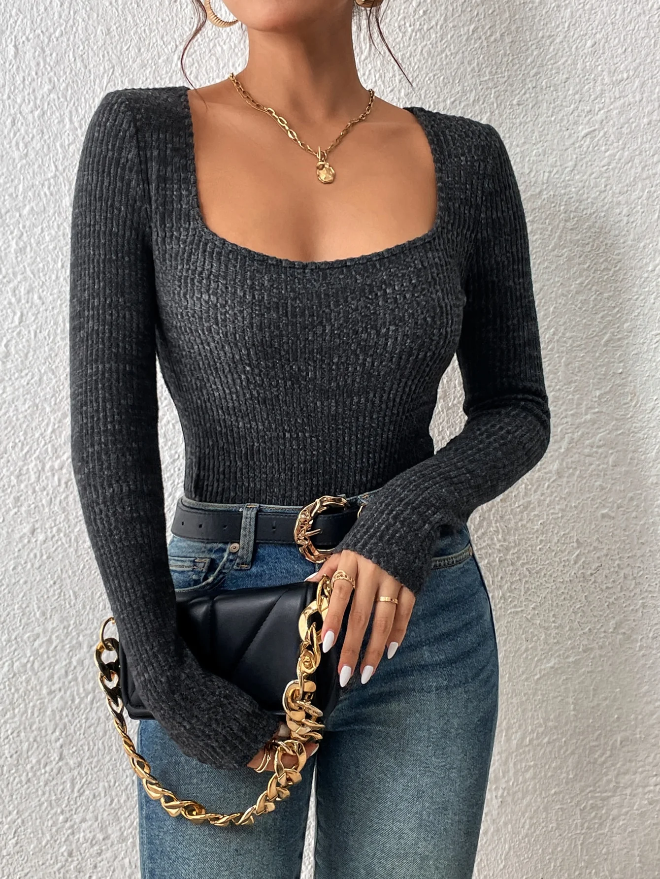 

Square neck women's knitwear Vintage basic solid knit top Casual slim-fit jumper Korean sweater Simple chic jumper