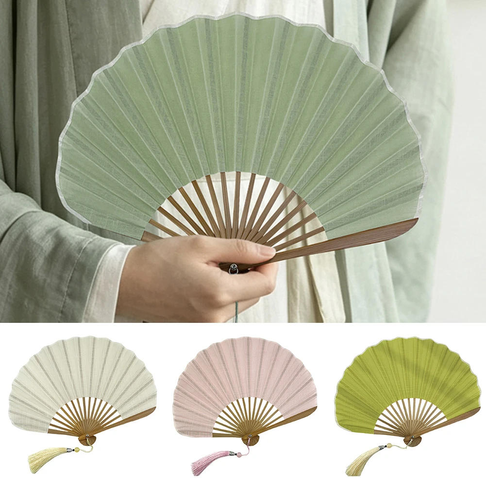 Traditional Chinese Folding Hand Fan Retro Solid-Color Cotton Linen Folding Small Fan Decorative Matching Tassel For Women
