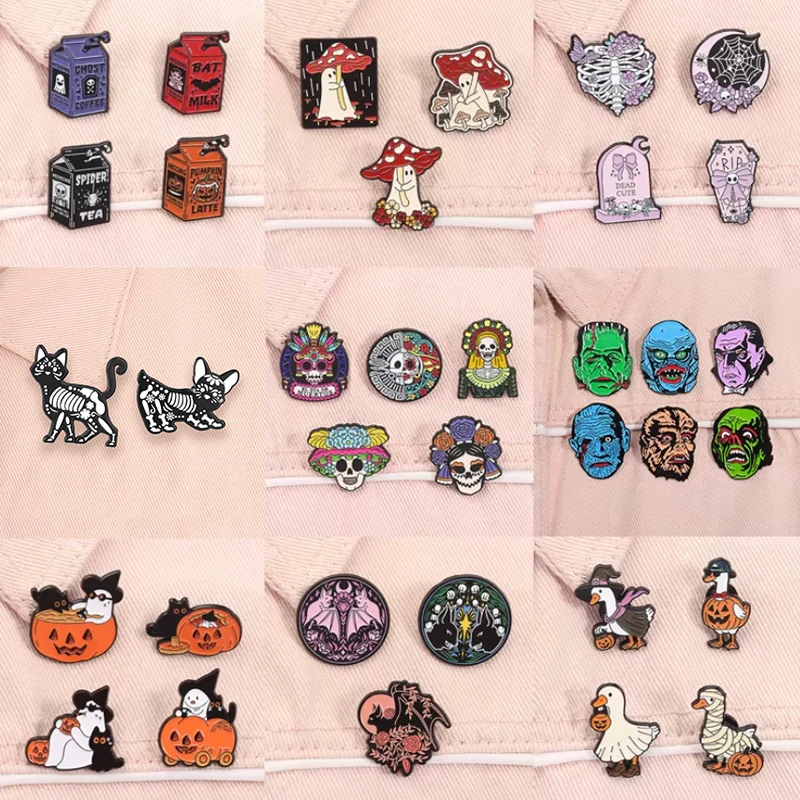 2-6pcs/set Halloween Horror Movies Enamel Pins Skeleton Ghost Bride Killer Monster Spooky Animal Brooch Lapel Badge Jewelry Gift