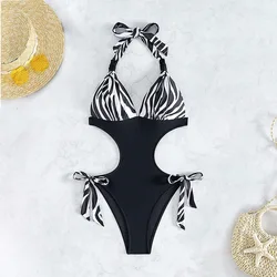 2024 Zebra Print costume intero donna costumi da bagno Sexy scollo a V taglio alto costume da bagno donna Monokini body Beachwear