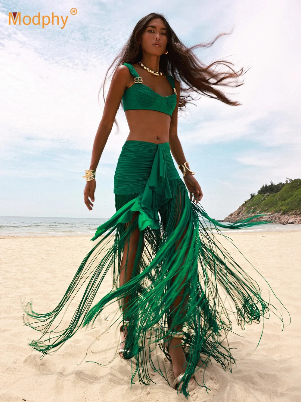 

Modphy Green Pin Decoration Top+Tassel Skirt Two-Piece Set Fringed Skirt Party Holiday Outfits Women Stylish Beach Suit Set Club
