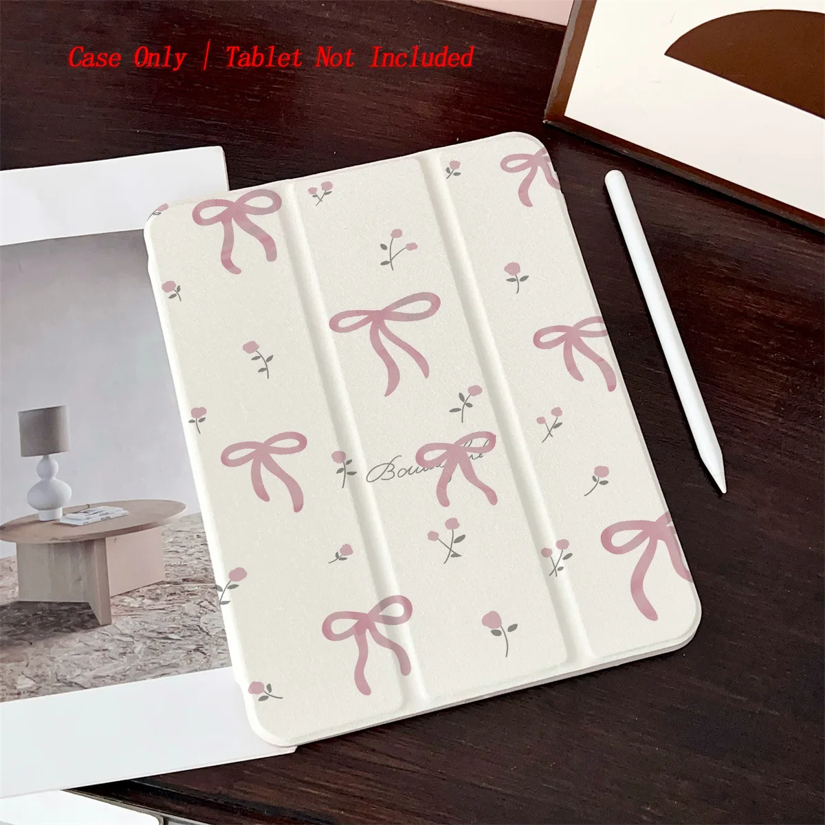 

Soft White Background & Light Pink Bow Strap + Small Flowers iPad Case For Apple iPad Pro 11/12.9 Air 4/5 Mini 6 10th Gen Cover