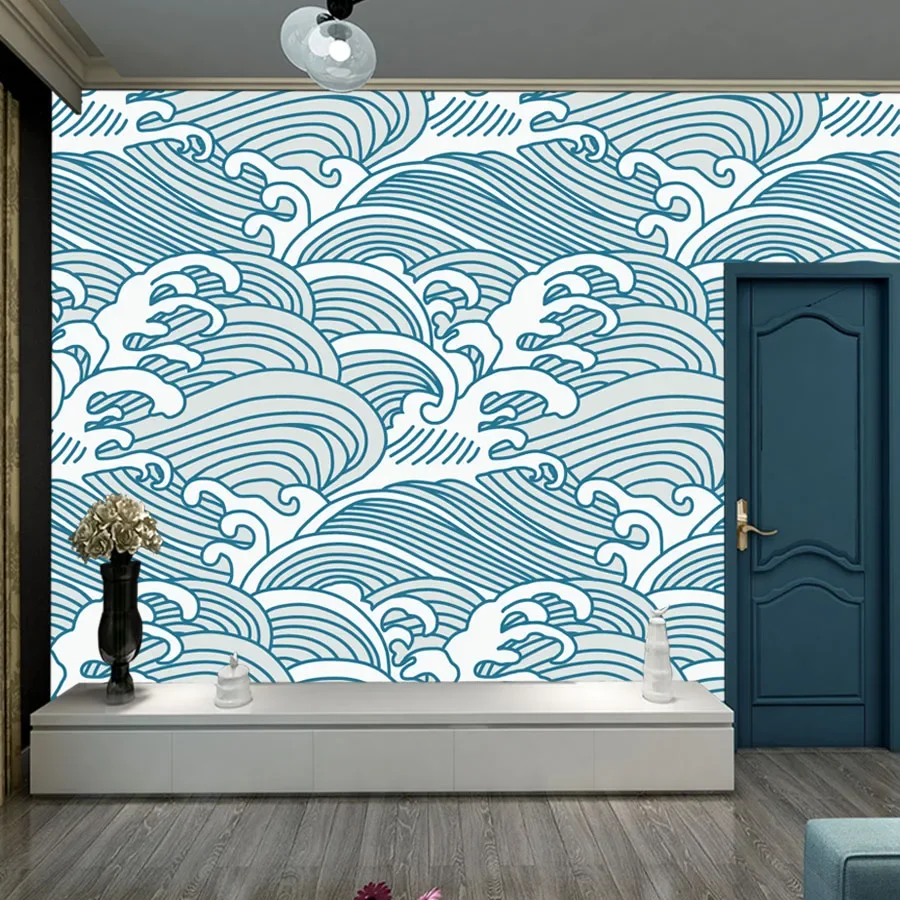 Custom Peel and Stick Vinyl Removable Accepted Wallpaper for Living Room Blue Sea Wave Printing TV Wall Papers Home Decor Mural