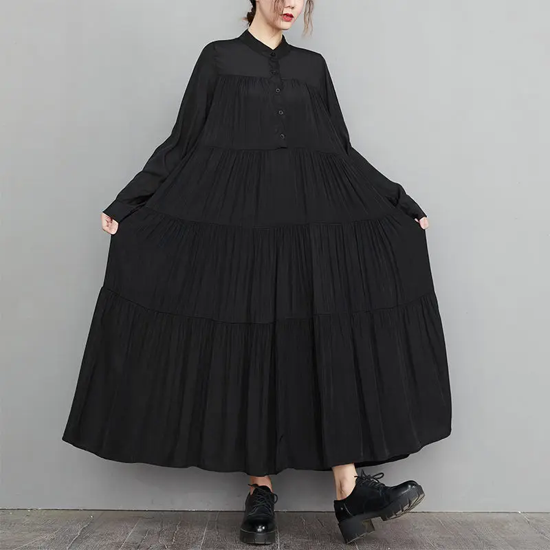 

2022 Autumn Retro Long Dress Stitching Folds Loose A-Line Large Swing Dress Women Casual Trendy Wild Oversized Clothing h2296