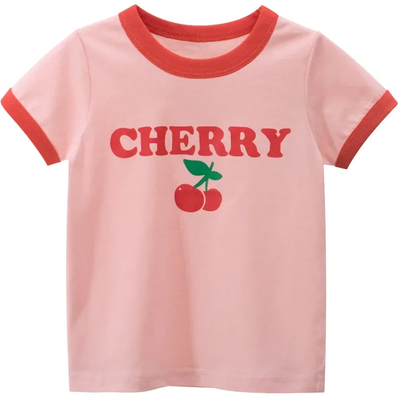 Children\'s Wear 2023 Summer Girls Cherry Pattern Pink Cute Cotton Short-sleeved T-shirt