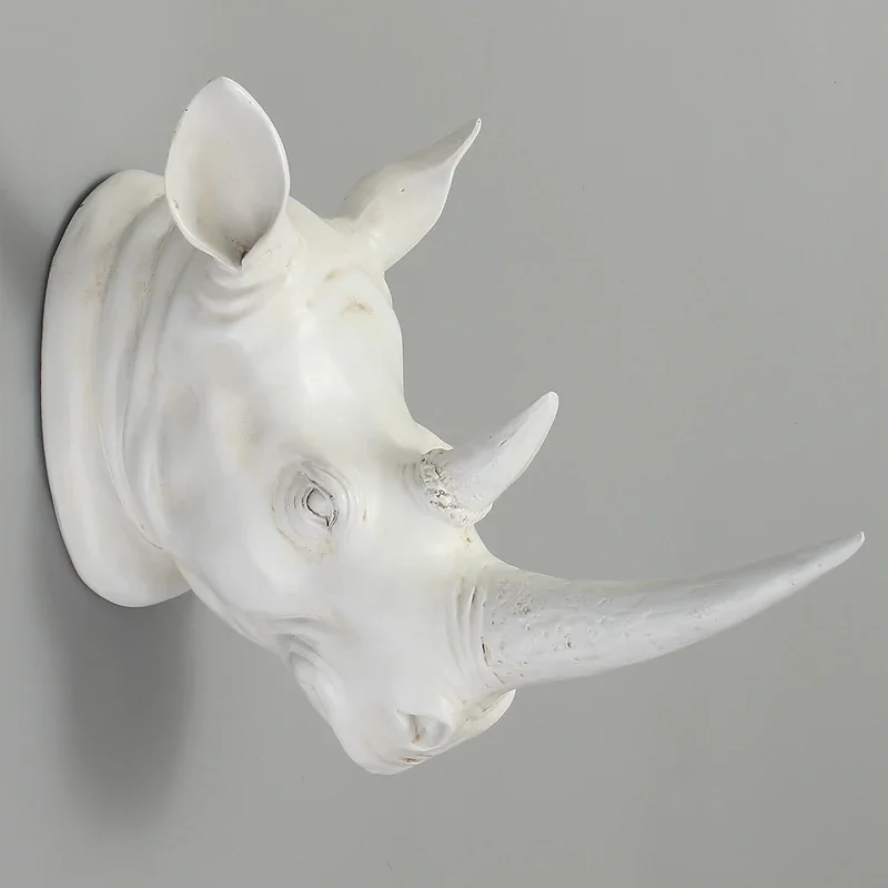 Resin Exotic Rhinoceros Head Ornament, White Animal Statues, Crafts for Home, Hotel, Wall Hanging Art Decoration, Gift, MGT