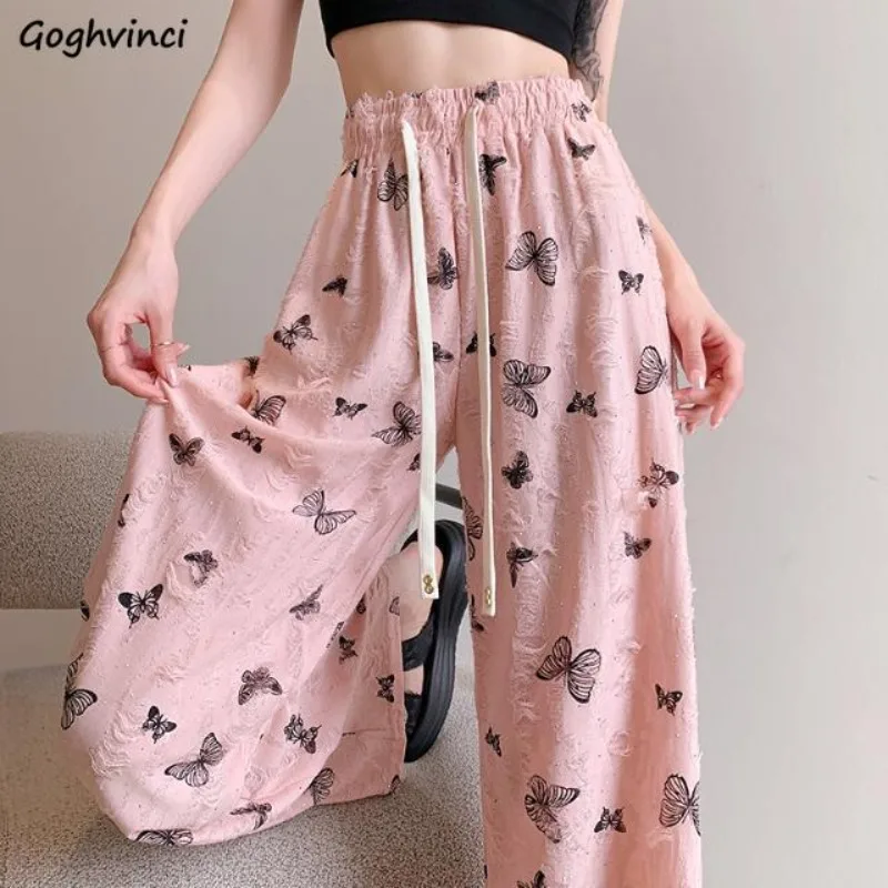 

Pants Women Printed Design High Waist Casual Ripped Drape Floor-length Trousers All-match Loose Fit Daily Students Summer Cozy