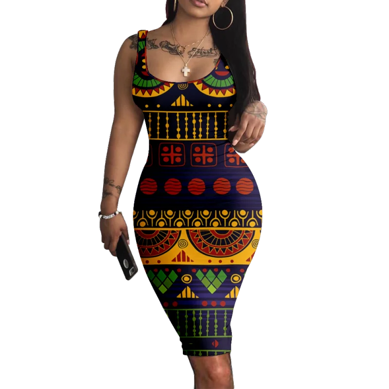 Vestidos vintage etíopes para mulheres, arte africana, dashiki, tribal, tanque sem mangas personalizado, bósmio, vestido sexy colorido