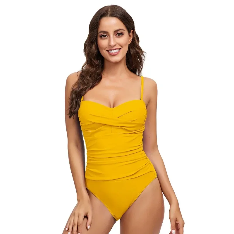 Women Summer Pleated One-Piece Suits Solid Colors Swimsuit New Fashion Backless Bathing Suit Sexy Slim Baechwear New Body Suits