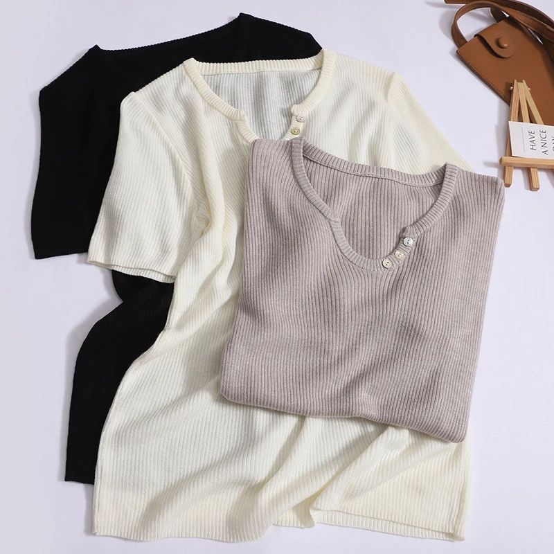 V-neck short-sleeved sweater T-shirt Women's new thin summer knitted top with a button collar