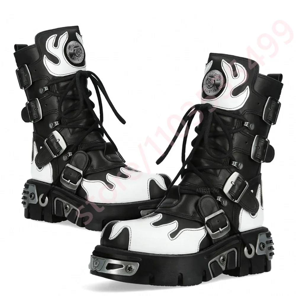

Tank Mixed Color Rivet Motorcycle Boots New Street Rock Punk Round Thick Heel Fashion Boot Flame Rivet Belt Buckle Gothic Boots