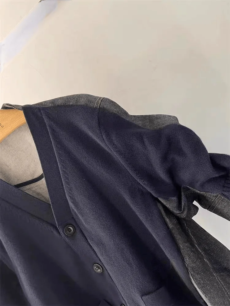 

FOG SACAIfall2024SplicedJeansV-collarsingle-buttoncolermatchingfive-segment-sveopen-cardiganknitwearloosecotton-polyester ...