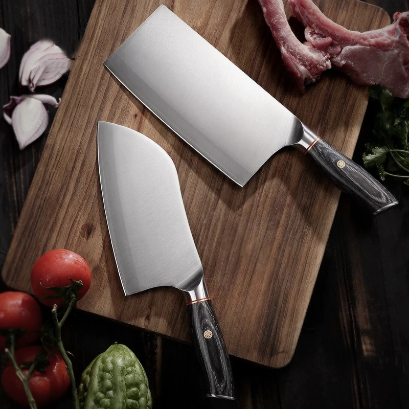RHON Chinese Kitchen Cleaver Knife S/S 9Cr18 3layer Composited Wood Handle Bone Chopping Meat Slicing Vegetable Cutting Knives