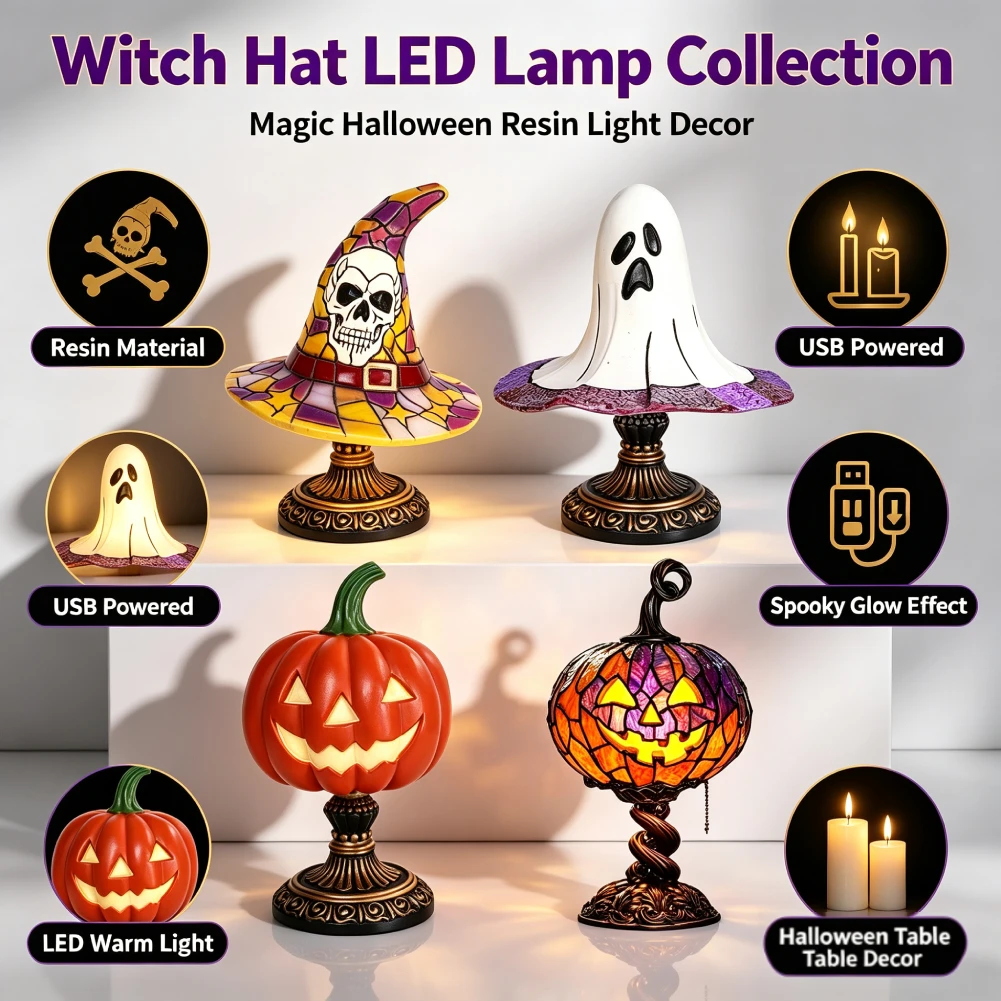 Gothic Witch Hat Pumpkin Resin Night Light Warm Enchanting Glow & Versatile Decorative Lamp for Halloween Home Decoration