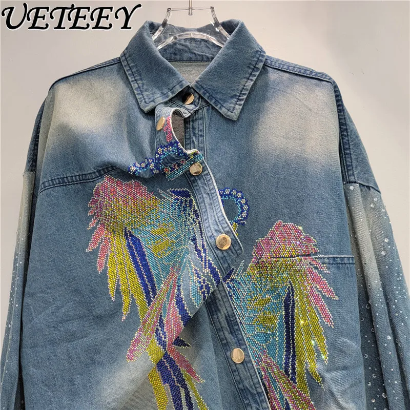 Fashion Trendy Light Luxury Heavy Embroidery Tops Hot Drilling Polo Lapel Loose Long Sleeve Casual Denim Shirt for Women