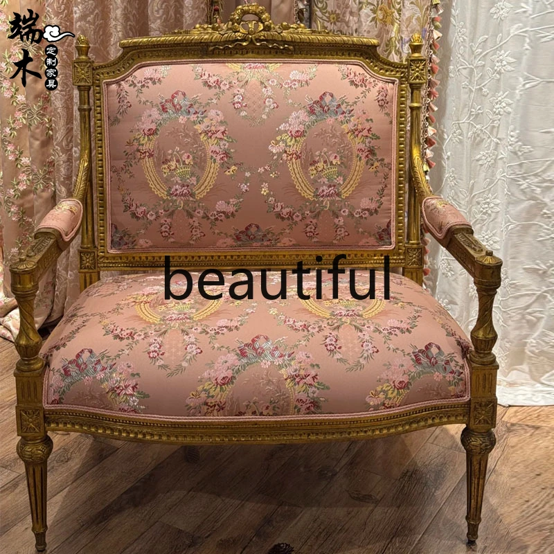 French solid wood carving flower single double three-person sofa pink embroidered leisure sofa armchair
