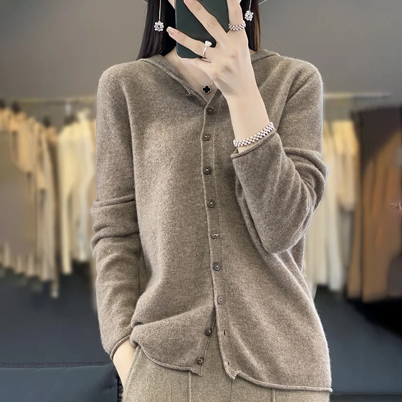 2024 autumn and winter new 100% merino wool solid color long sleeve hooded cardigan casual Korean Joker cardigan jacket