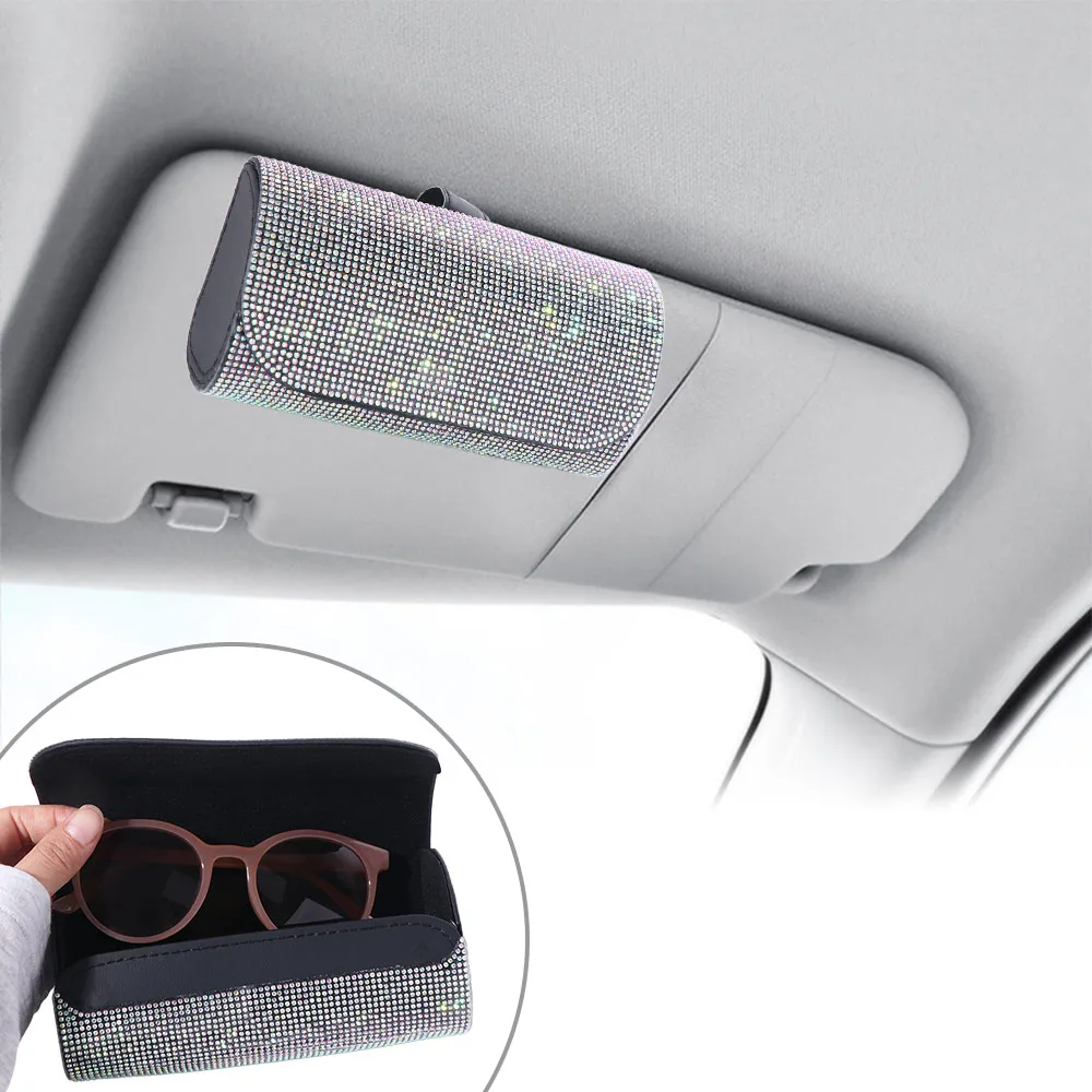 

Bling Sun Visor Glasses Case Rhinestone PU Leather Car Eyeglasses Holder Crystal Clip Organizer Sunglasses Storage Box