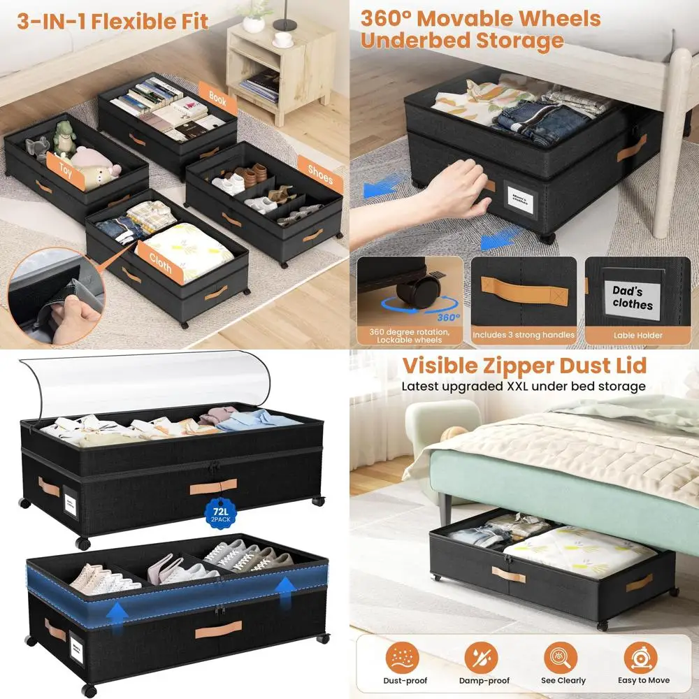 

Большой контейнер для хранения под кроватью на колесиках, 72 л, с крышкой, идеально подходит для одежды, обуви и одеял - черный