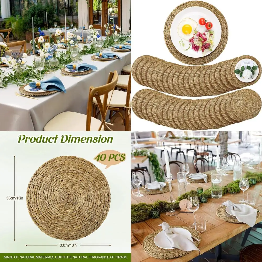 

Set of 40 Natural Round Rattan Placemats, 13 Handwoven Straw Mats for Farmhouse Style Dining & Party Decor